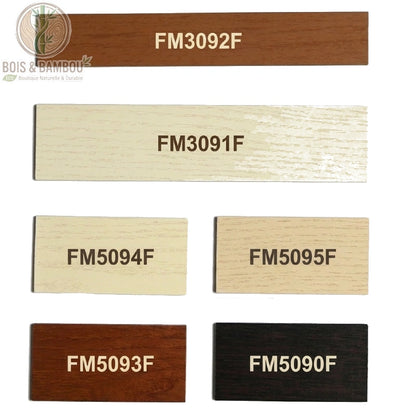 Nuancier de 6 échantillons de lamelles pour stores en bois sur mesure. Inclut teintes marron chaud, chêne clair, cerisier, blanc crème, beige clair et ébène noir. FM3092F, FM3091F, FM5093F, FM5094F, FM5095F, FM5090F.