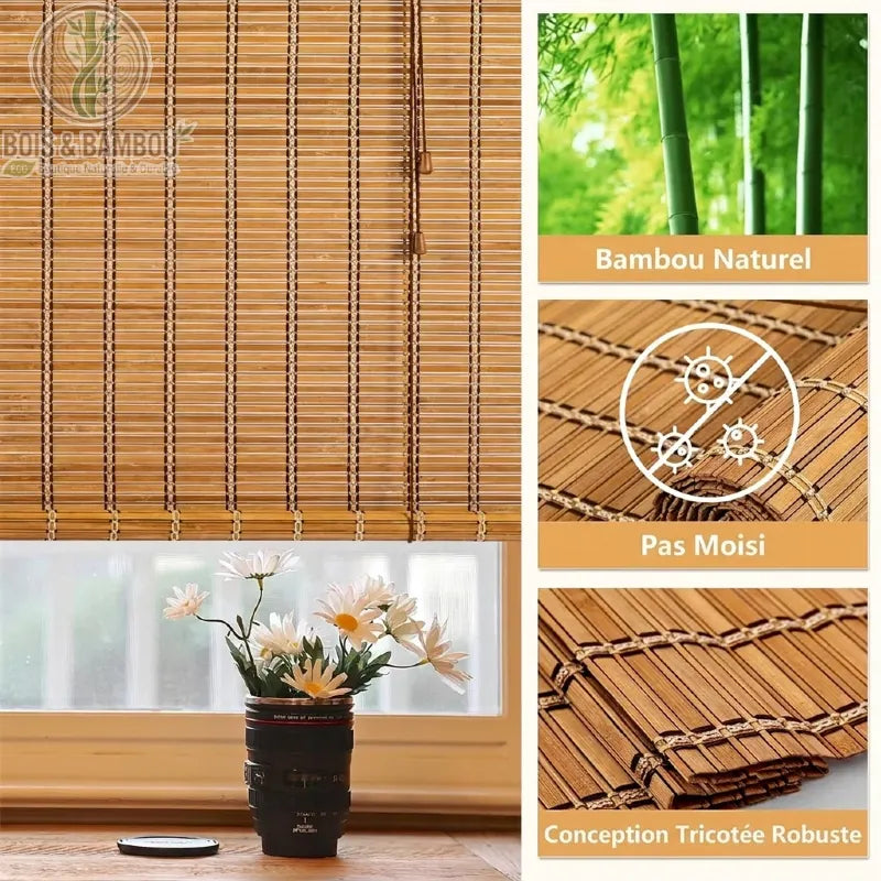 Store enrouleur bambou naturel lames tissees conception tricotee robuste resistant moisissures