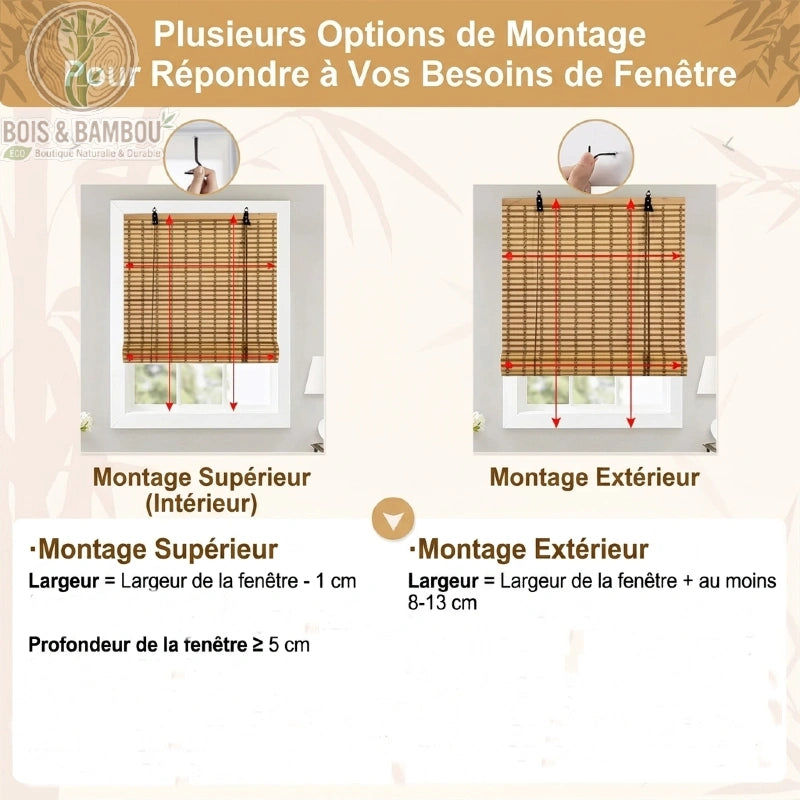 Store enrouleur bambou naturel guide montage superieur interieur et exterieur mesures fenetre