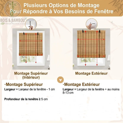 Store enrouleur bambou naturel guide montage superieur interieur et exterieur mesures fenetre