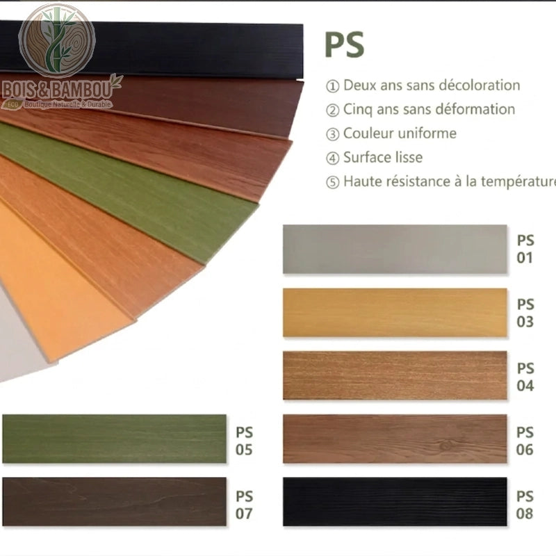 Nuancier complet et caractéristiques techniques des revêtements de sol et muraux PS. Comprend un éventail de 7 couleurs et une grille de 8 échantillons individuels avec codes produits