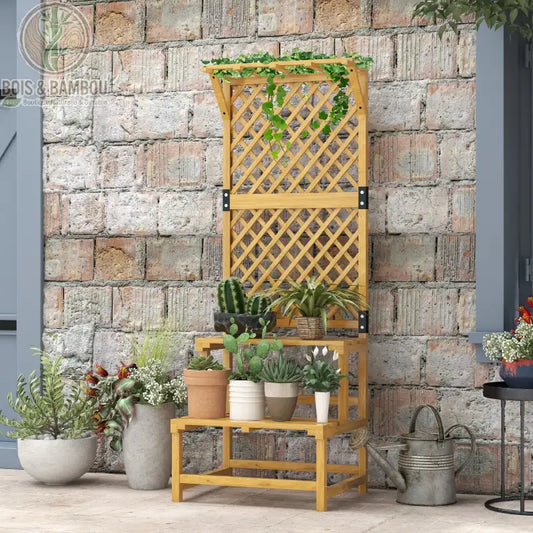 Support de Plantes en Bois avec Treillis. Étagère à fleurs en bois clair à deux niveaux surmontée d'un grand treillis décoratif, garnie de cactus et plantes devant un mur en briques.