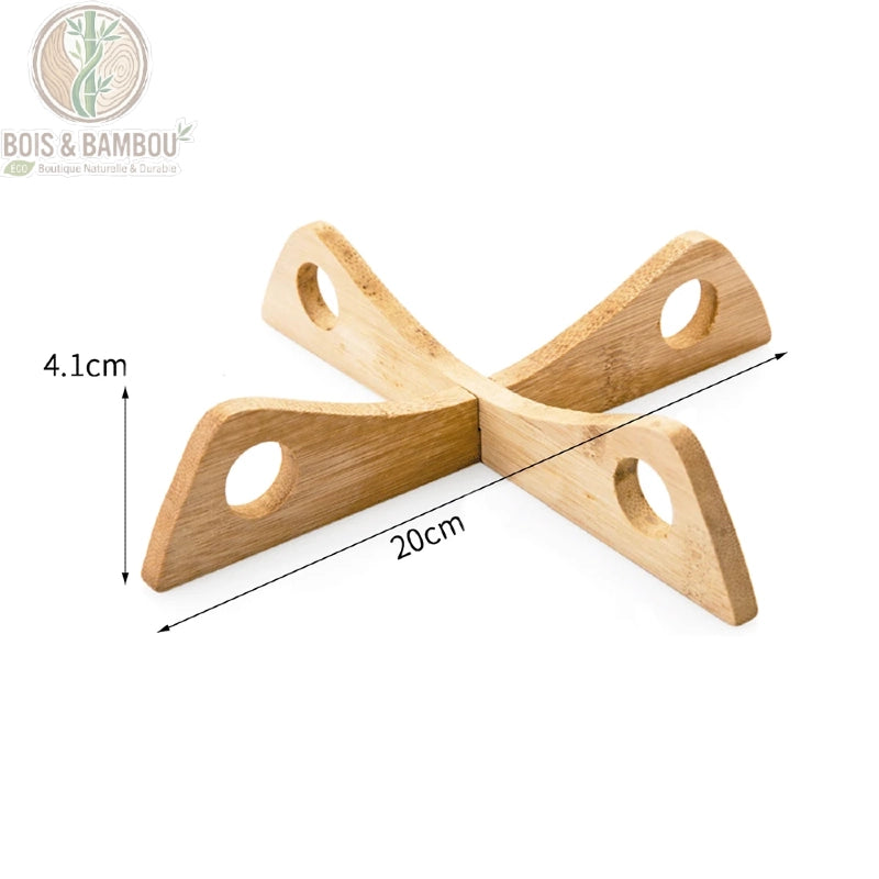 Support de Pot Croisé en Bambou Amovible Dessous de Plat Casserole – vue des dimensions : diamètre 20 cm, hauteur 4,1 cm, structure croisée en bambou naturel écologique.