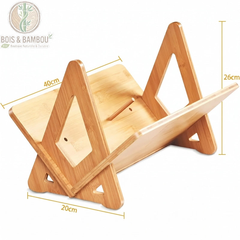 Support de disque vinyle en bambou dimensions. Infographie d'un support en bambou de 40 cm de longueur, 26 cm de hauteur et 20 cm de largeur, idéal pour organiser une collection de disques.