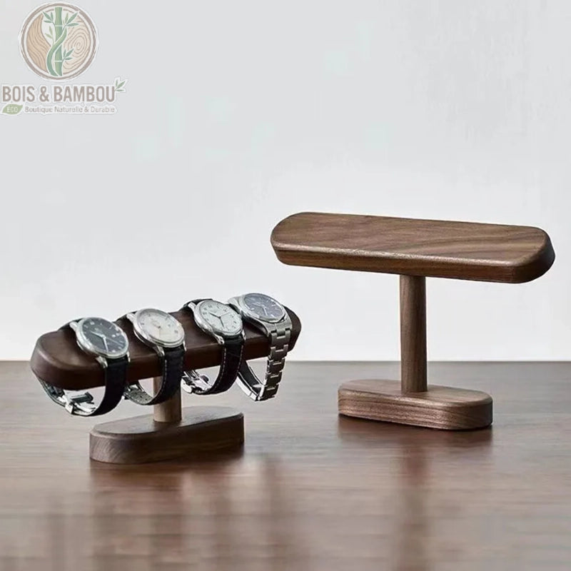 support montre en noyer massif deux modèles grand et moyen côte à côte fond gris
