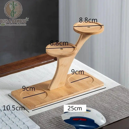 Support pot de fleur bambou format L dimensions : base 10,5 x 25 cm, plateaux 8,8 et 9 cm