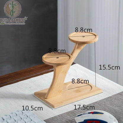 Support pot de fleur bambou format S dimensions : base 17,5 x 10,5 cm, hauteur 15,5 cm, plateaux 8,8 cm