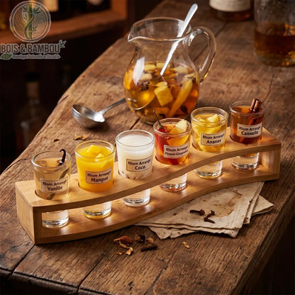 Support verre shot bambou clair avec rhum, scene de degustation et 6 verres alignes, Bois et Bambou Eco