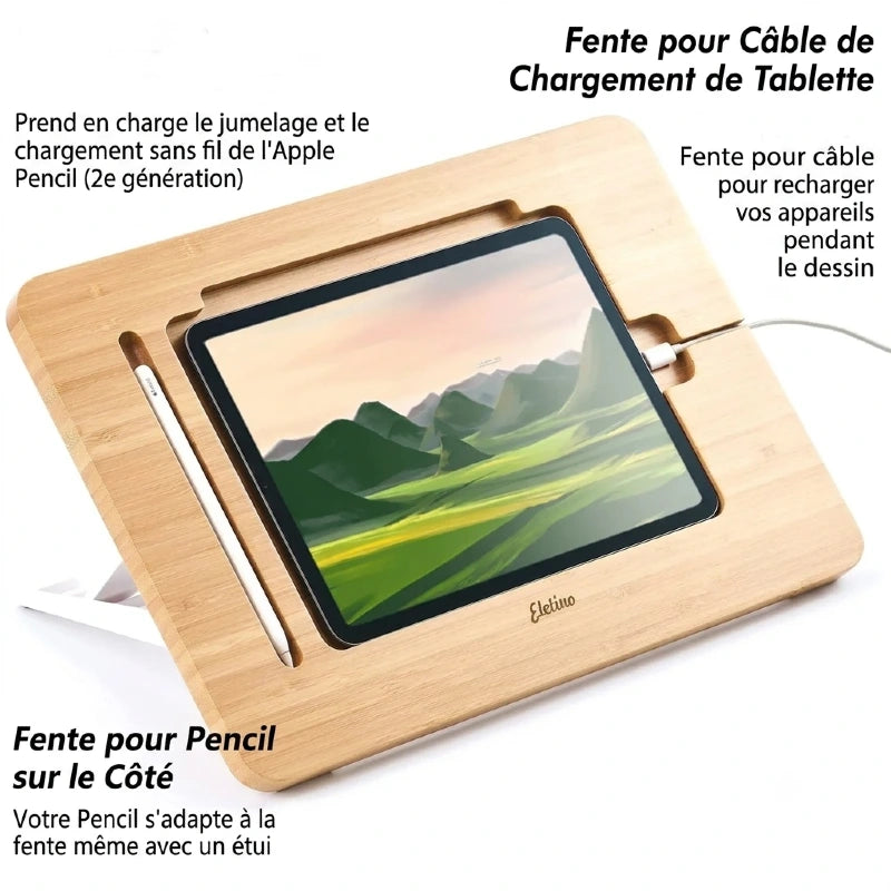 Support tablette bambou fente câble de charge et Apple Pencil