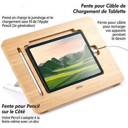 Support tablette bambou fente câble de charge et Apple Pencil