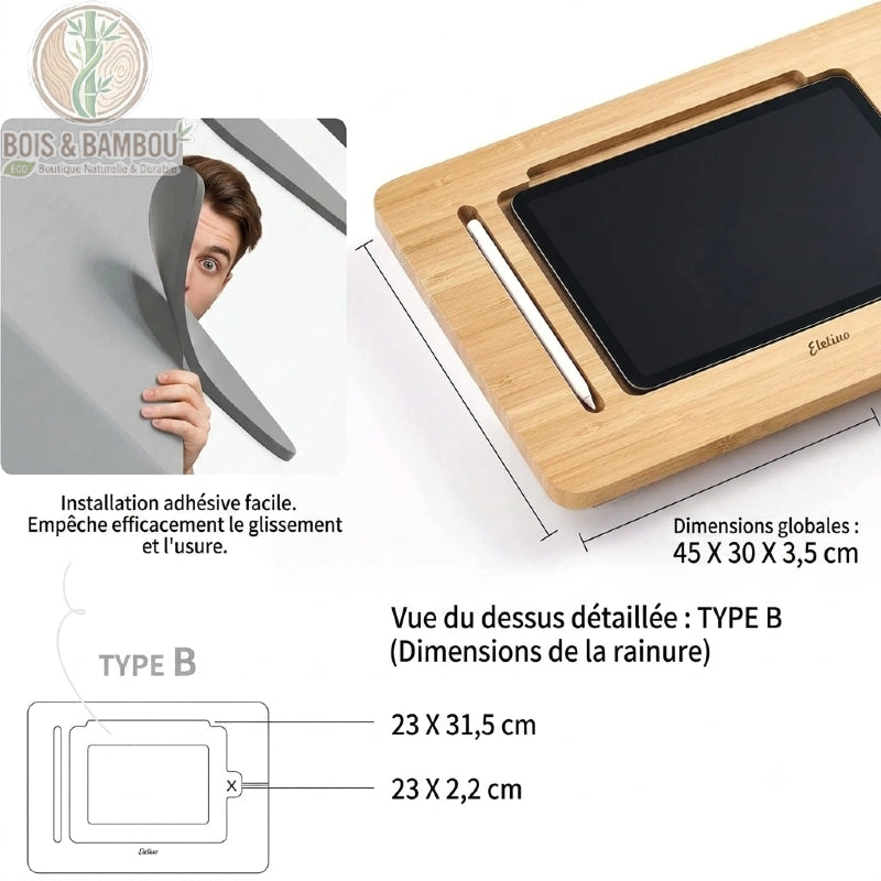 Support tablette bambou grand format rainure adhésive antidérapante