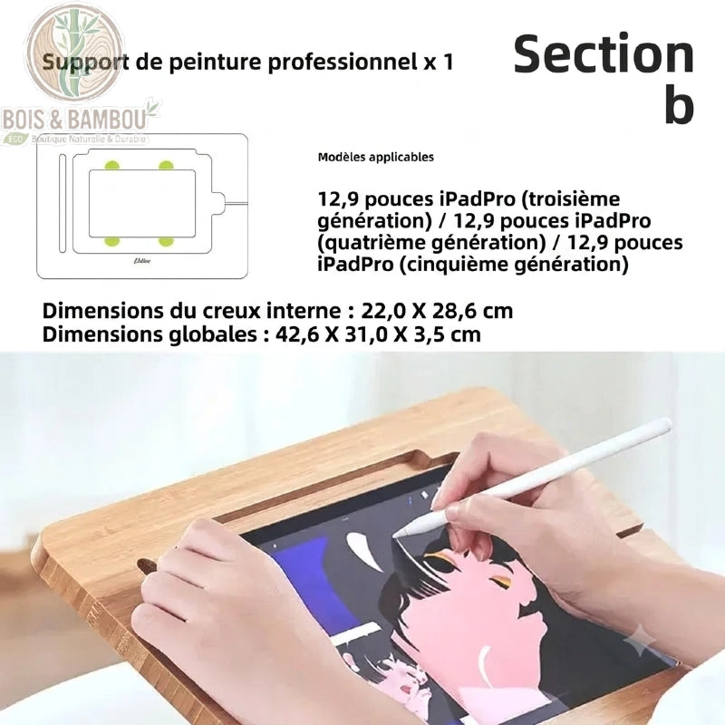 Support tablette bambou grand format iPad Pro 12,9 pouces