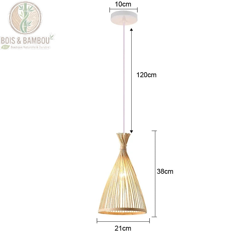 Suspension bambou cône torsadé rosace blanche diamètre 21 cm hauteur 38 cm