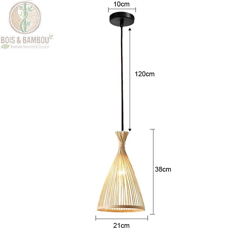 Suspension bambou cône torsadé rosace noire diamètre 21 cm hauteur 38 cm