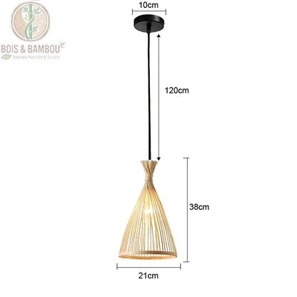 Suspension bambou cône torsadé rosace noire diamètre 21 cm hauteur 38 cm
