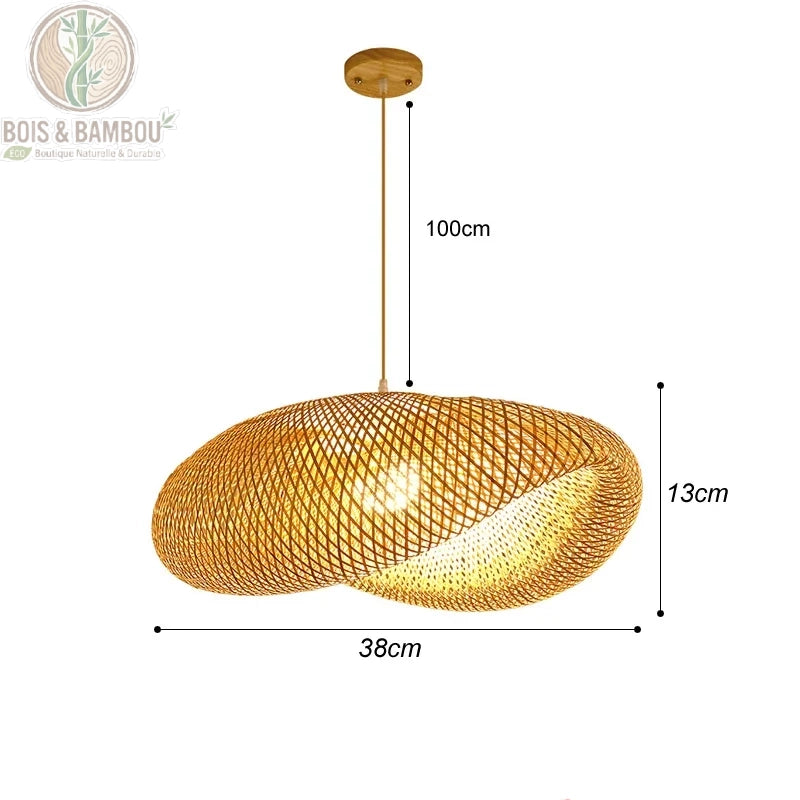 Suspension bambou elliptique rosace bois diamètre 38 cm hauteur 13 cm câble 100 cm