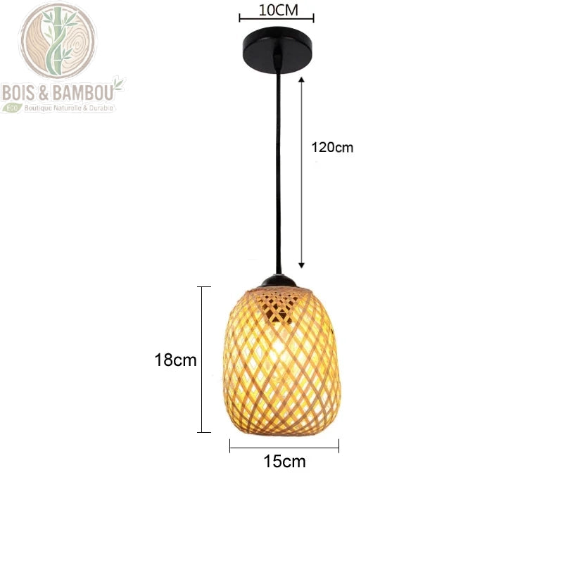 Suspension bambou ovale bombé rosace noire diamètre 15 cm hauteur 18 cm