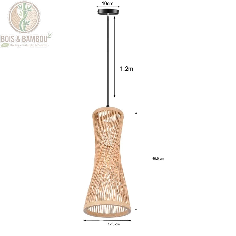 Suspension bambou sablier effilé rosace noire diamètre 17 cm hauteur 40 cm