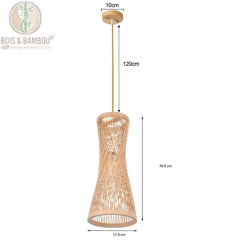 Suspension bambou sablier effilé rosace bois diamètre 17 cm hauteur 40 cm