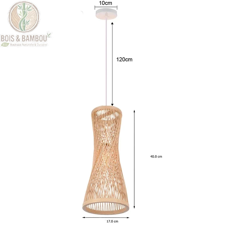 Suspension bambou sablier effilé rosace blanche diamètre 17 cm hauteur 40 cm