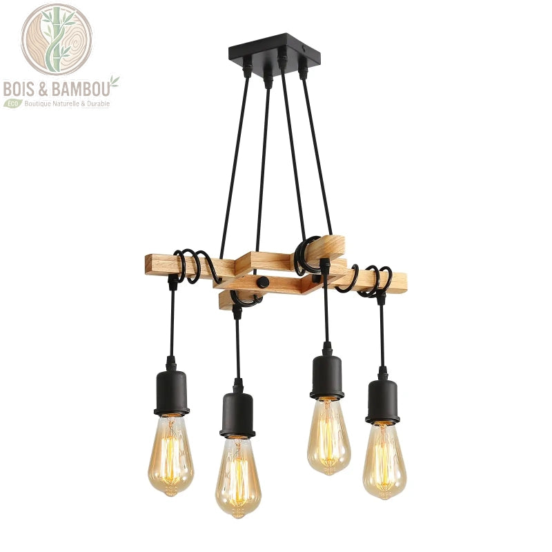 Suspension industrielle vintage en bois et métal noir , un luminaire de style rétro composé d'une structure en bois croisée et de quatre ampoules Edison suspendues par des câbles noirs enroulés.