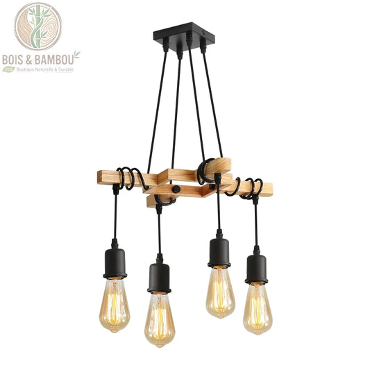 Suspension industrielle vintage en bois et métal noir , un luminaire de style rétro composé d'une structure en bois croisée et de quatre ampoules Edison suspendues par des câbles noirs enroulés.