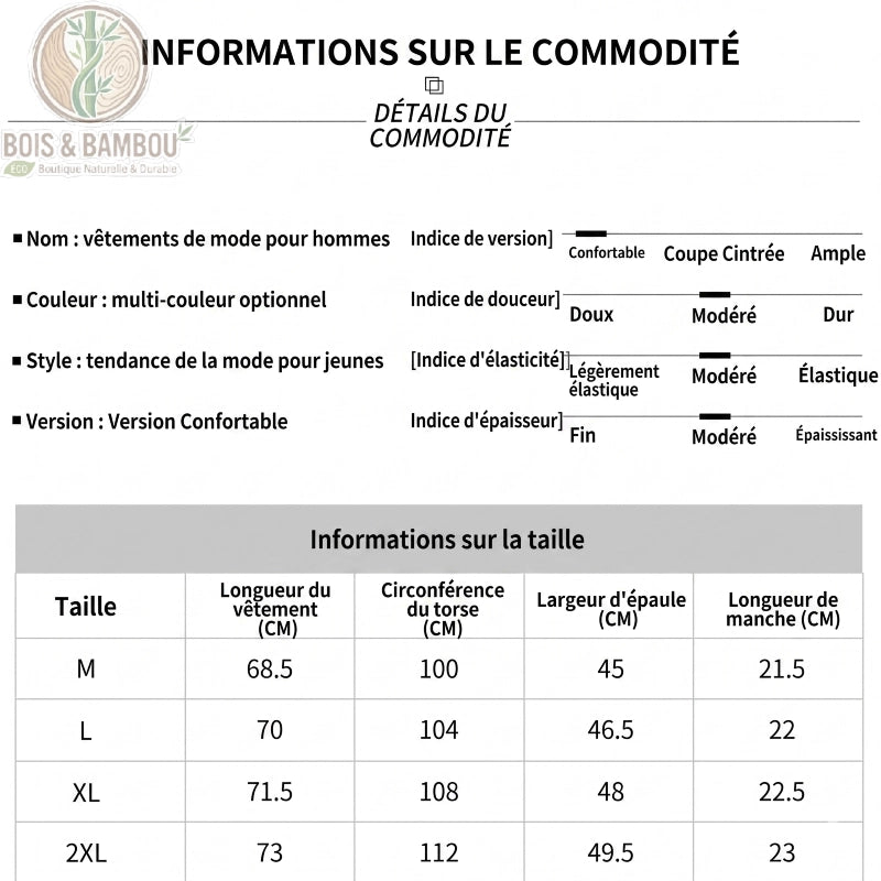T-shirt antibactérien en fibre de bambou taille. Tableau détaillé des spécifications techniques incluant les indices de douceur, d'élasticité et une grille de tailles allant du M au 2XL.
