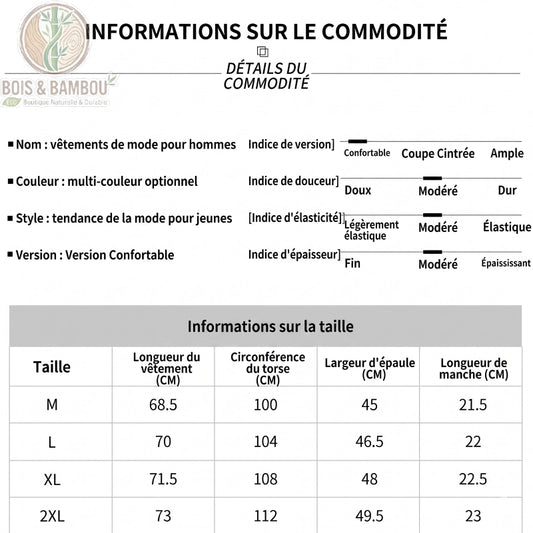 T-shirt antibactérien en fibre de bambou taille. Tableau détaillé des spécifications techniques incluant les indices de douceur, d'élasticité et une grille de tailles allant du M au 2XL.