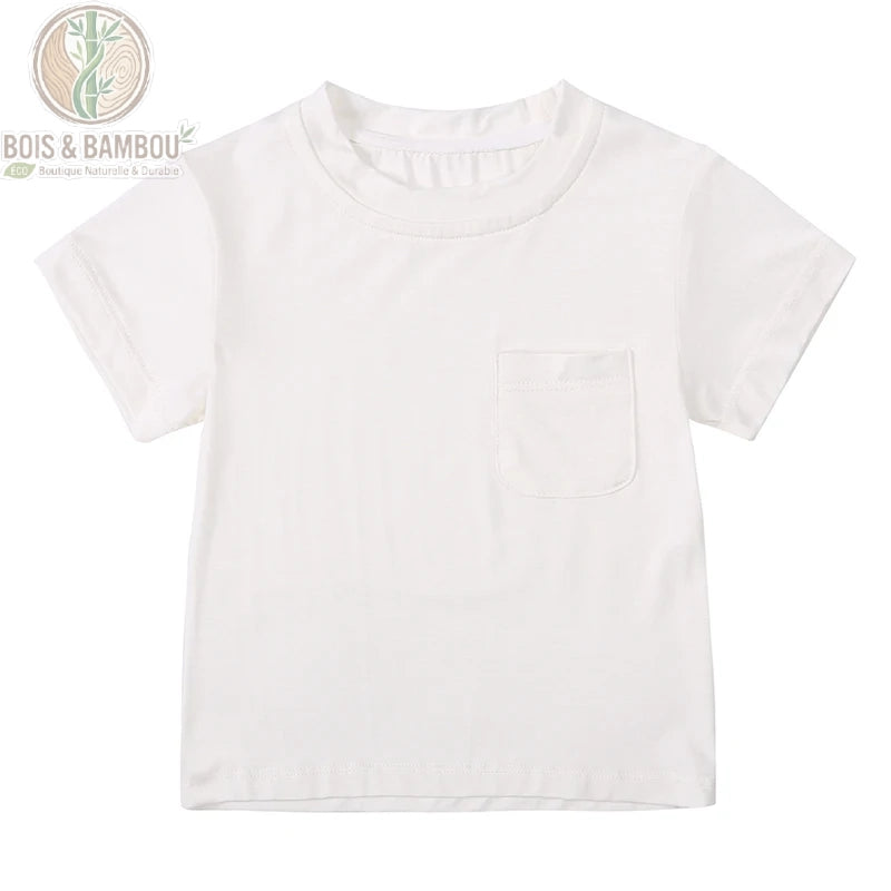 T-shirt bébé bambou blanc à plat, basique en fibre naturelle pour garçons et filles 0-3 ans