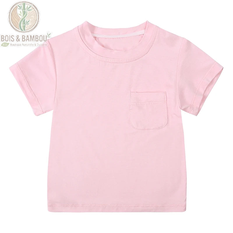 T-shirts bébé bambou bleu ciel et rose bonbon, gamme de coloris doux en fibre naturelle