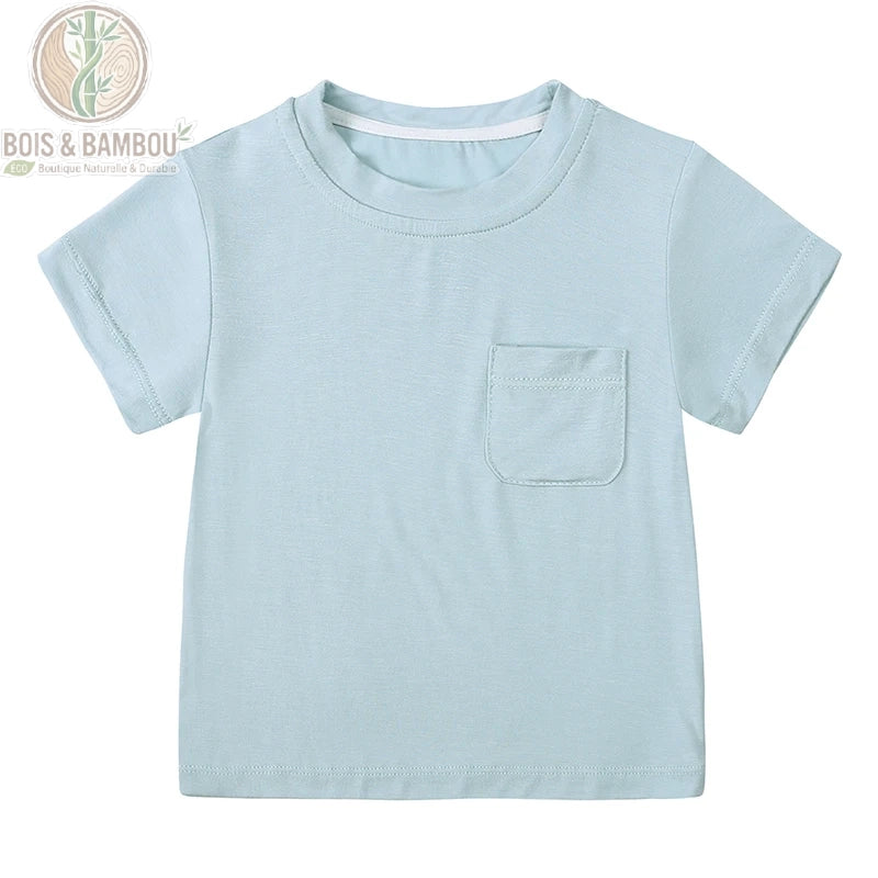 T-shirt bébé bambou bleu ciel à plat, manches courtes col rond en fibre douce respirante