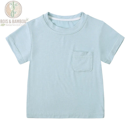 T-shirt bébé bambou bleu ciel à plat, manches courtes col rond en fibre douce respirante