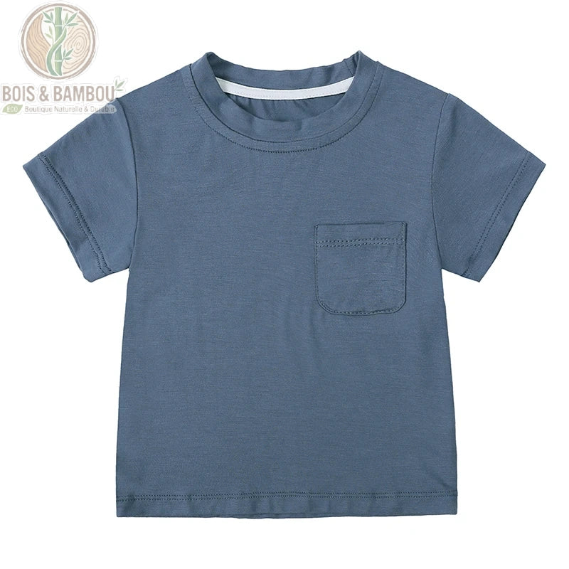 T-shirt bébé bambou gris bleu à plat, col rond manches courtes en fibre naturelle de bambou