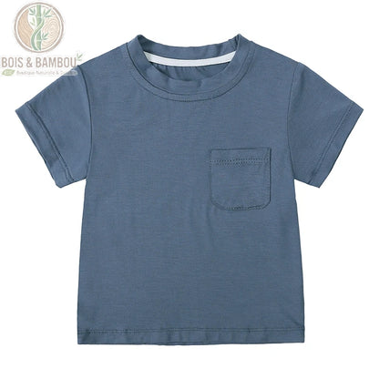 T-shirt bébé bambou gris bleu à plat, col rond manches courtes en fibre naturelle de bambou
