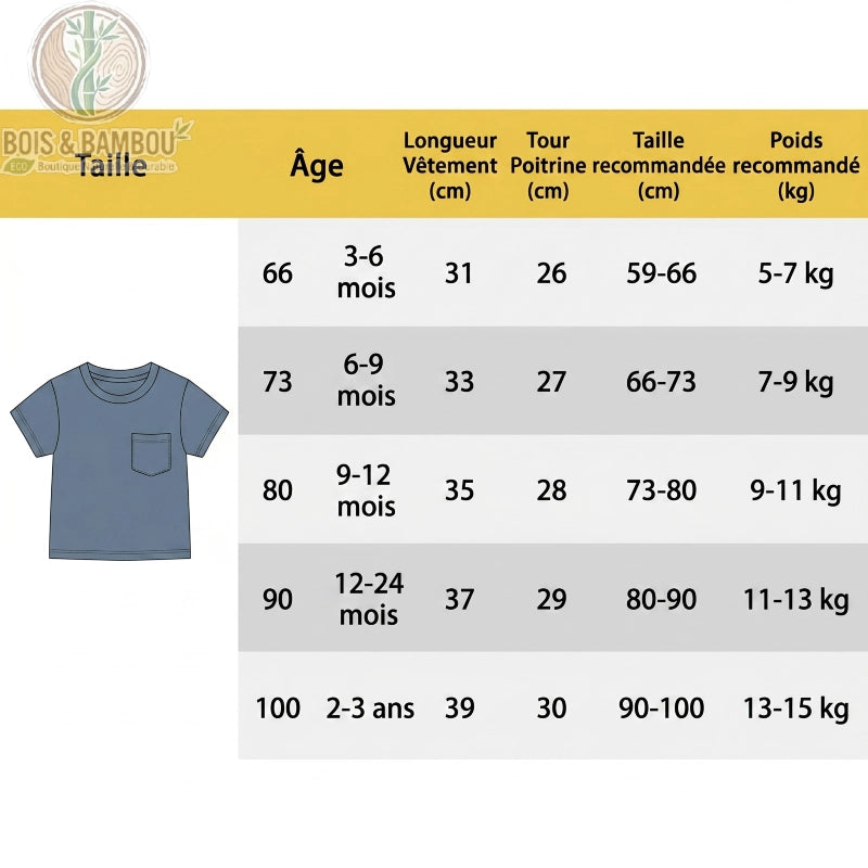 T-Shirt Bébé en Fibre de Bambou Manches Courtes 0-3 Ans