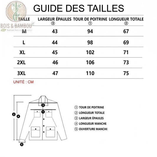 T-shirt en fibre de bambou ultra-respirant taille. Un tableau de guide des tailles (M à 3XL) avec mesures en cm, accompagné d'un schéma technique illustrant comment prendre les mesures.