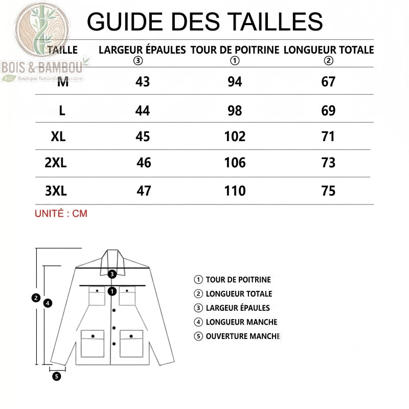 T-shirt sport et détente en fibre de bambou taille. Un guide des tailles présentant un tableau de mesures (M à 3XL) en cm et un schéma explicatif pour le tour de poitrine et les épaules.