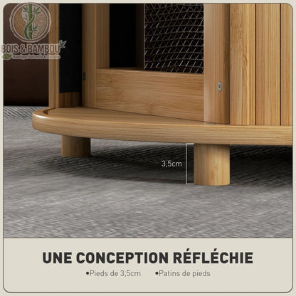 Table Basse en Bambou descriptif 1. Zoom sur la base d'une table en bambou montrant une conception réfléchie avec des pieds de 3,5 cm et des patins de protection pour préserver les sols.