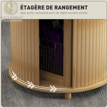 Table Basse en Bambou descriptif 2. Zoom sur l'étagère de rangement intégrée avec porte coulissante en lattes de bambou, idéale pour organiser les objets du quotidien avec élégance.