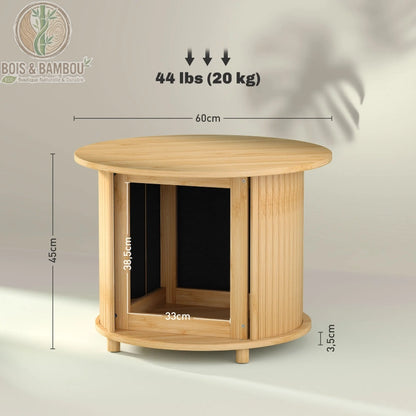 Table Basse en Bambou dimensions. Infographie d'une table ronde en bambou de 60x45cm, supportant 20kg. Elle inclut une niche de 33x38,5cm et repose sur des pieds de 3,5cm.