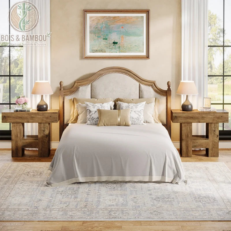 Table En Bois Massif d appoint rustique a 2 niveaux 3. Chambre à coucher raffinée avec deux tables de chevet massives et rustiques encadrant un lit élégant sous un tableau de maître classique.