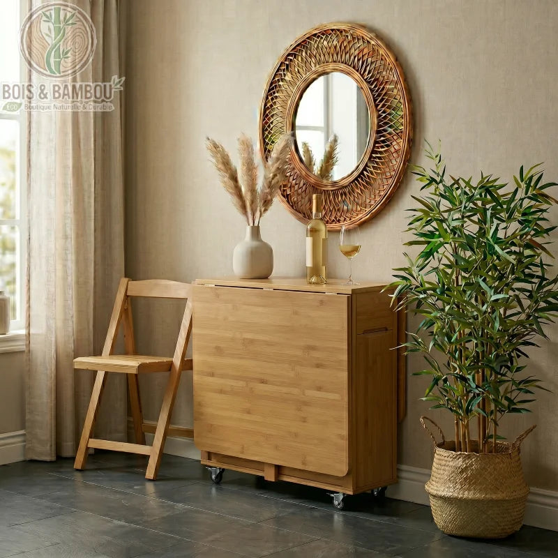 Table a manger pliante en bambou claire repliee. Table en bambou clair totalement repliée sur roulettes avec sa chaise assortie, décorée d'un vase et d'un miroir pour un gain de place esthétique.