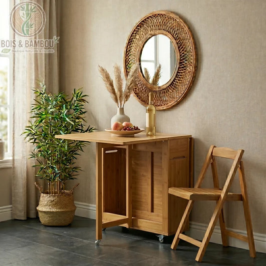 Table a manger pliante en bambou claire situation. Table modulable en bambou clair avec un abattant ouvert, accompagnée d'une chaise assortie, d'une plante et d'un miroir dans un intérieur épuré.