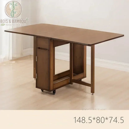 Table a manger pliante en bambou dimension table marron. Table modulable marron sur roulettes en position ouverte, affichant ses dimensions de 148,5 x 80 x 74,5 cm pour un espace convivial et pratique.