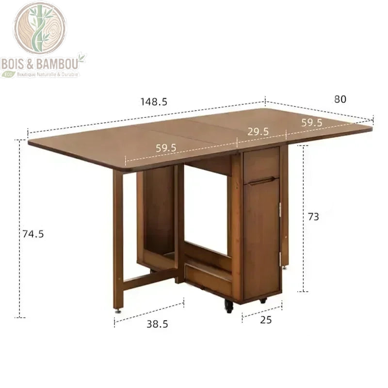 Table a manger pliante en bambou dimensions. Infographie d'une table modulable de 148,5 x 80 cm et 74,5 cm de haut, précisant les mesures des abattants (59,5 cm) et de la structure centrale sur roulettes.