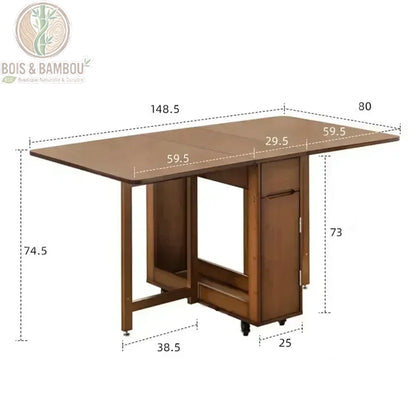 Table a manger pliante en bambou dimensions. Infographie d'une table modulable de 148,5 x 80 cm et 74,5 cm de haut, précisant les mesures des abattants (59,5 cm) et de la structure centrale sur roulettes.