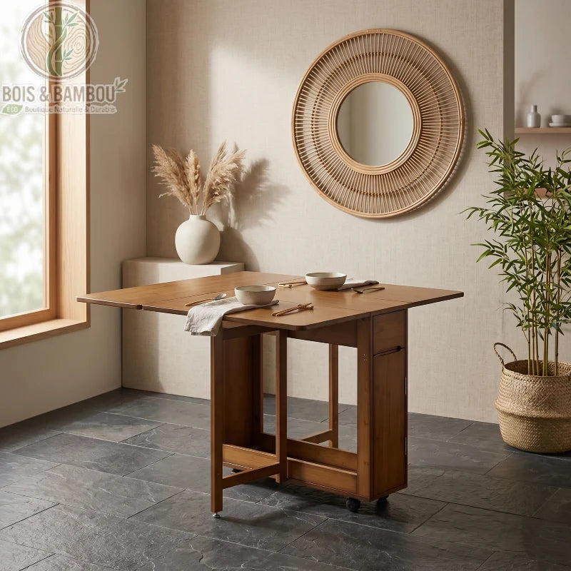 Table a manger pliante en bambou situation 1. Table en bambou foncé ouverte avec abattants, dressée pour un repas dans un décor élégant avec miroir rond en rotin et plante verte.