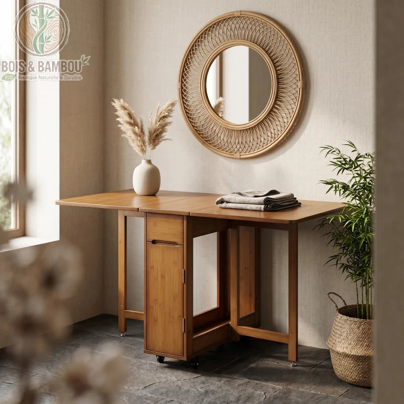 Table a manger pliante en bambou situation. Table modulable marron ouverte avec ses deux abattants dans un intérieur chaleureux, décorée d'un vase blanc et d'un miroir rond en rotin au mur.
