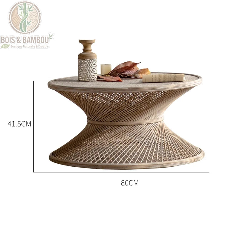Table basse ronde en rotin et bambou grand dimensions. Schéma technique d'une table basse sculpturale en rotin affichant ses mesures : 80 cm de diamètre pour le plateau et 41,5 cm de hauteur totale.