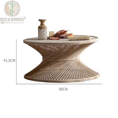 Table basse ronde en rotin et bambou grand dimensions. Schéma technique d'une table basse sculpturale en rotin affichant ses mesures : 80 cm de diamètre pour le plateau et 41,5 cm de hauteur totale.
